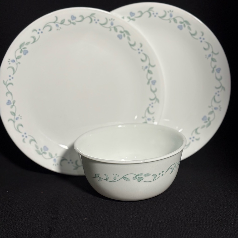 Corelle White Dinnerware with Green and Blue Floral Design